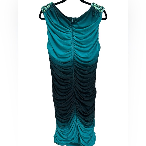 NWT Cartise Women's Embellished Bead Ombre Teal Blue Ruched Zip Mini Dress Sz 12 - Picture 2 of 6